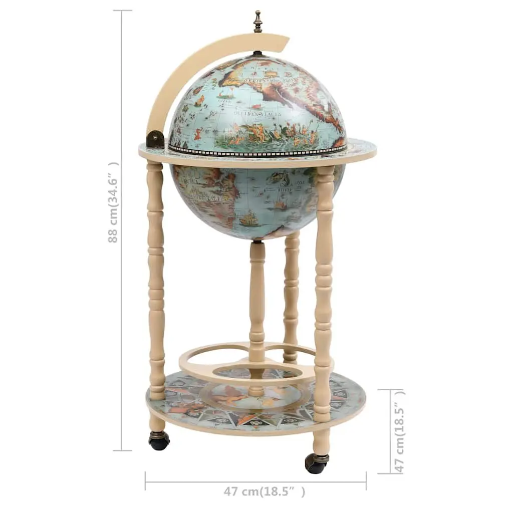 Mobile Globe Bar Stand Solid Wood Storage with Wheels Blue
