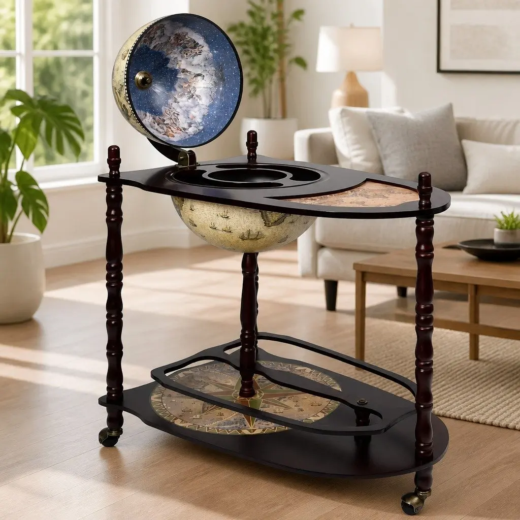 Freestanding Globe Bar Cabinet Wine Stand Green on Wheels