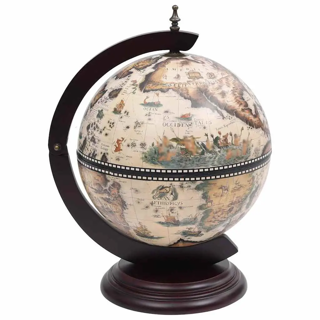 Tabletop Globe Bar Cabinet Eucalyptus Wood Rotating Storage White