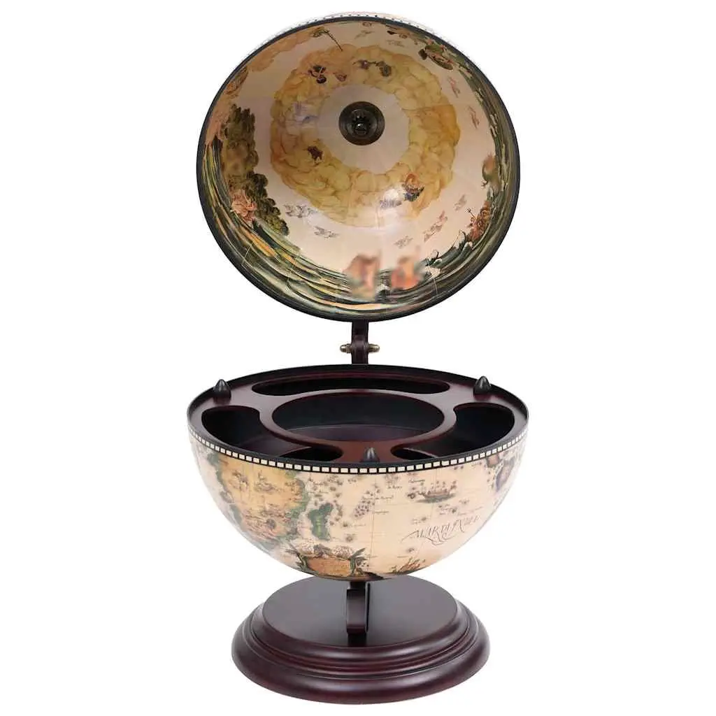 Tabletop Globe Bar Cabinet Eucalyptus Wood Rotating Storage White