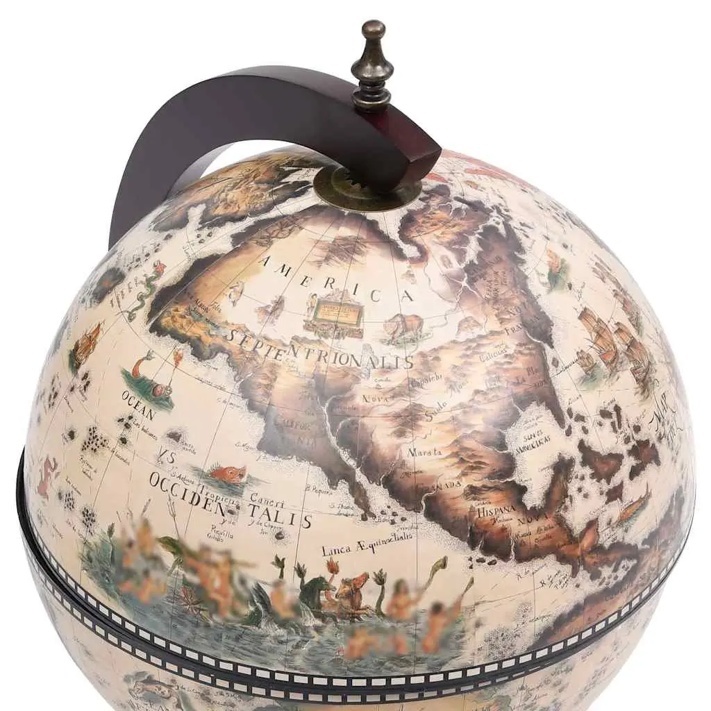 Tabletop Globe Bar Cabinet Eucalyptus Wood Rotating Storage White
