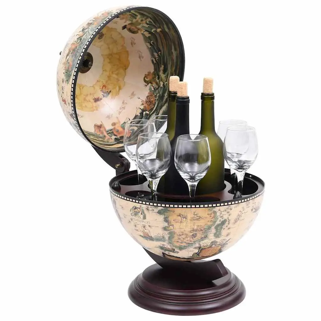Tabletop Globe Bar Cabinet Eucalyptus Wood Rotating Storage White