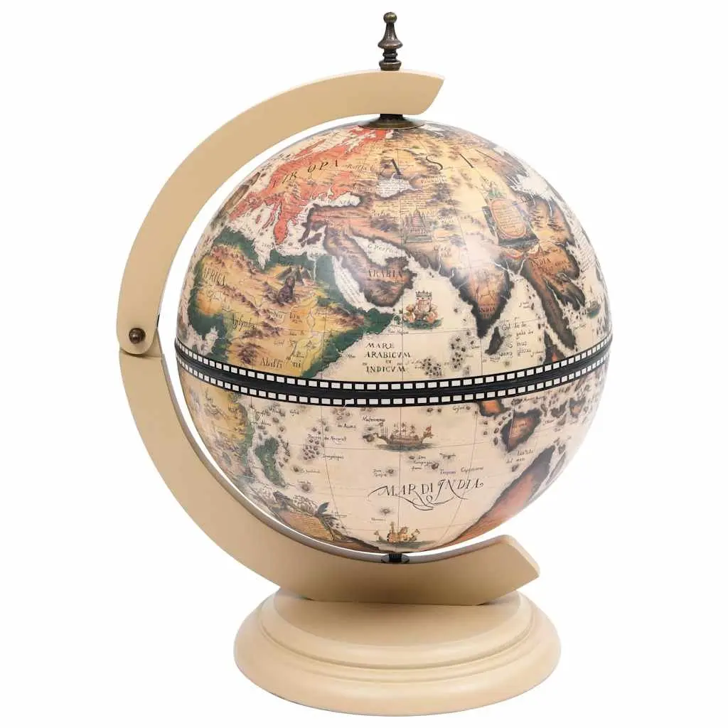 Tabletop Bar Cabinet Rotating Globe Wine Storage Eucalyptus Wood Decorative White