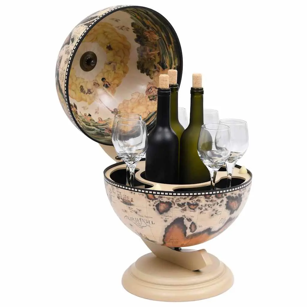 Tabletop Bar Cabinet Rotating Globe Wine Storage Eucalyptus Wood Decorative White