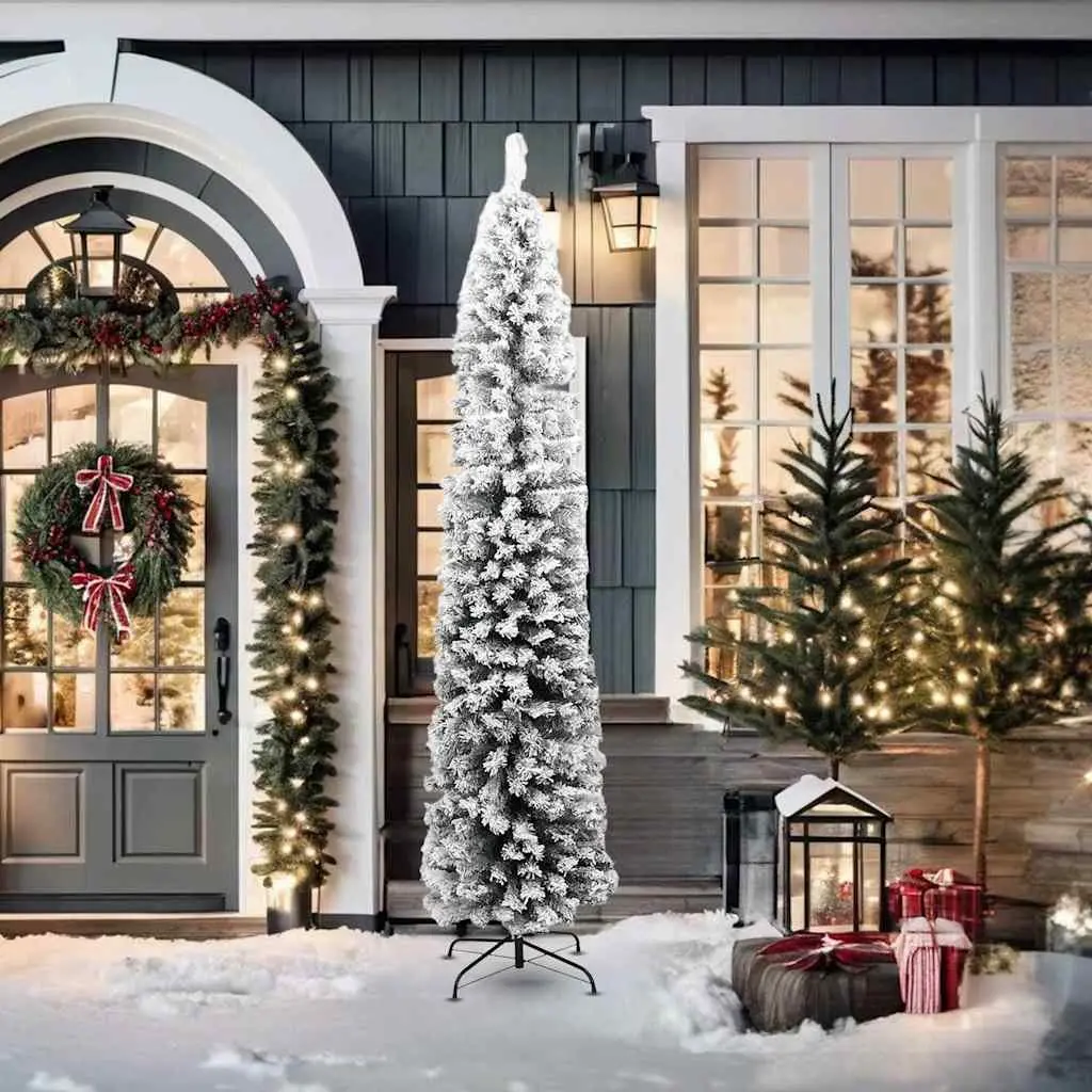 Slim Artificial Christmas Tree 210cm Flocked Snow Green Indoor Outdoor