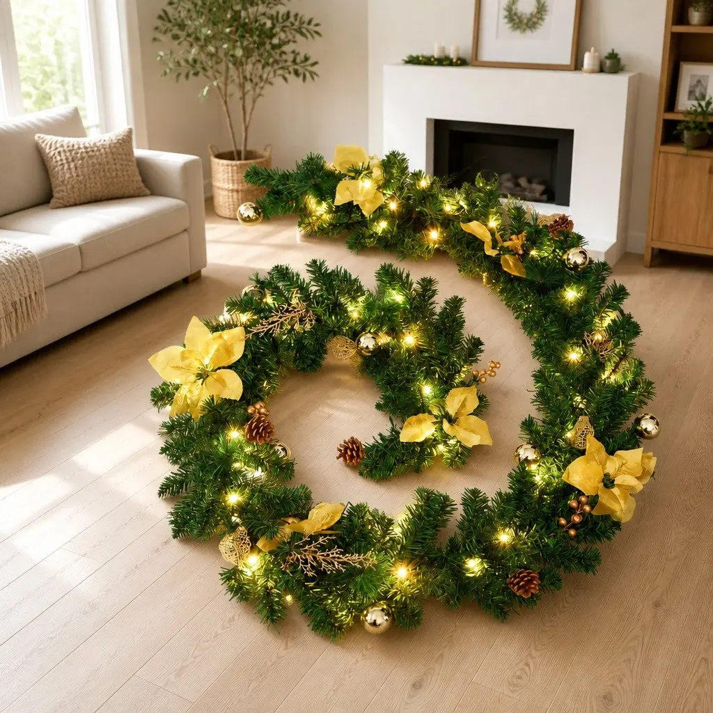 LED Christmas Garland Green PVC 2.7m with Decorative Accents for Indoor Outdoor Holiday Decor