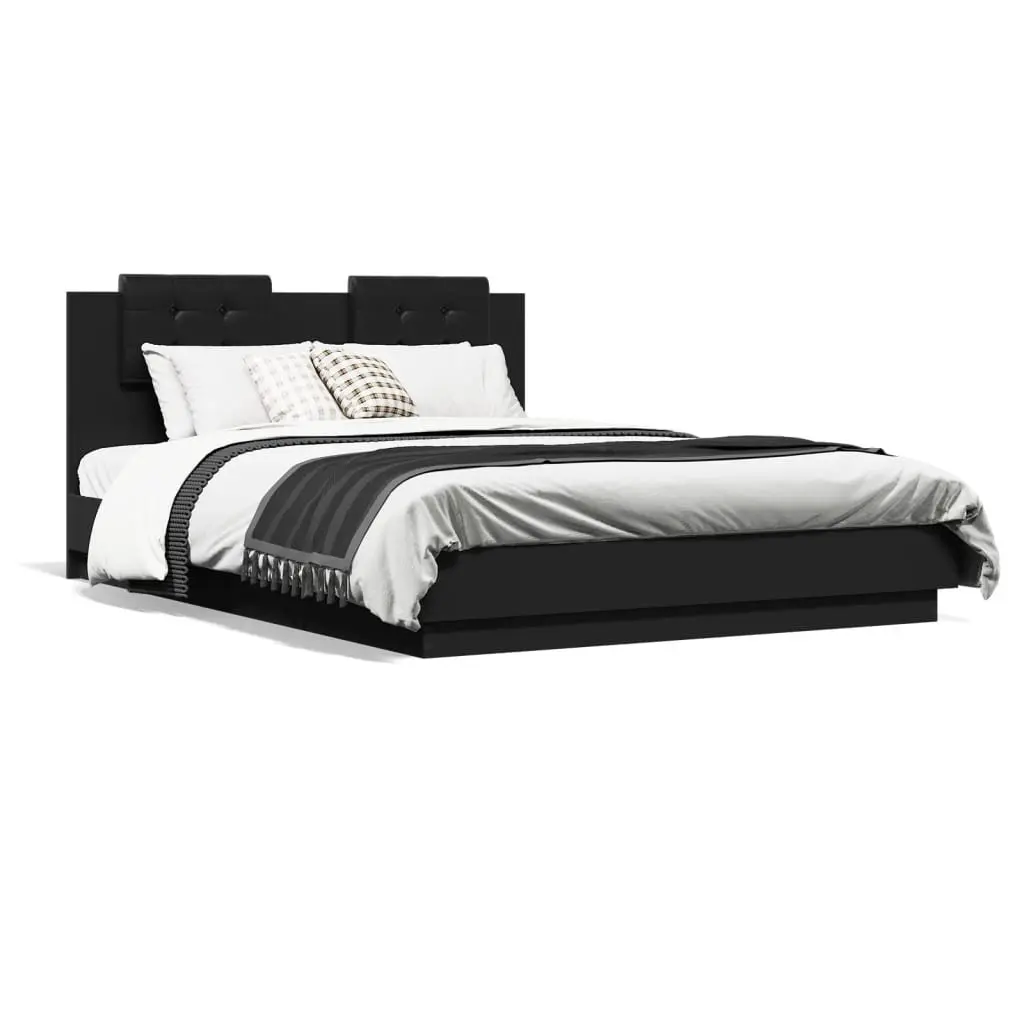 Bed Frame Engineered Wood 150x200 cm Black with RGB LED Lights Headboard