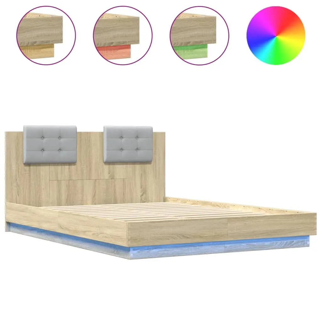 Bed Frame Engineered Wood Brown 150x200 cm with Headboard and RGB LED Lights