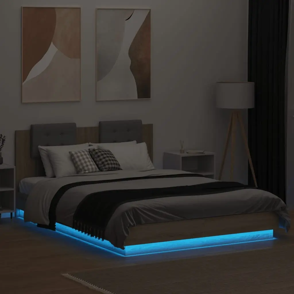 Bed Frame Engineered Wood Brown 150x200 cm with Headboard and RGB LED Lights