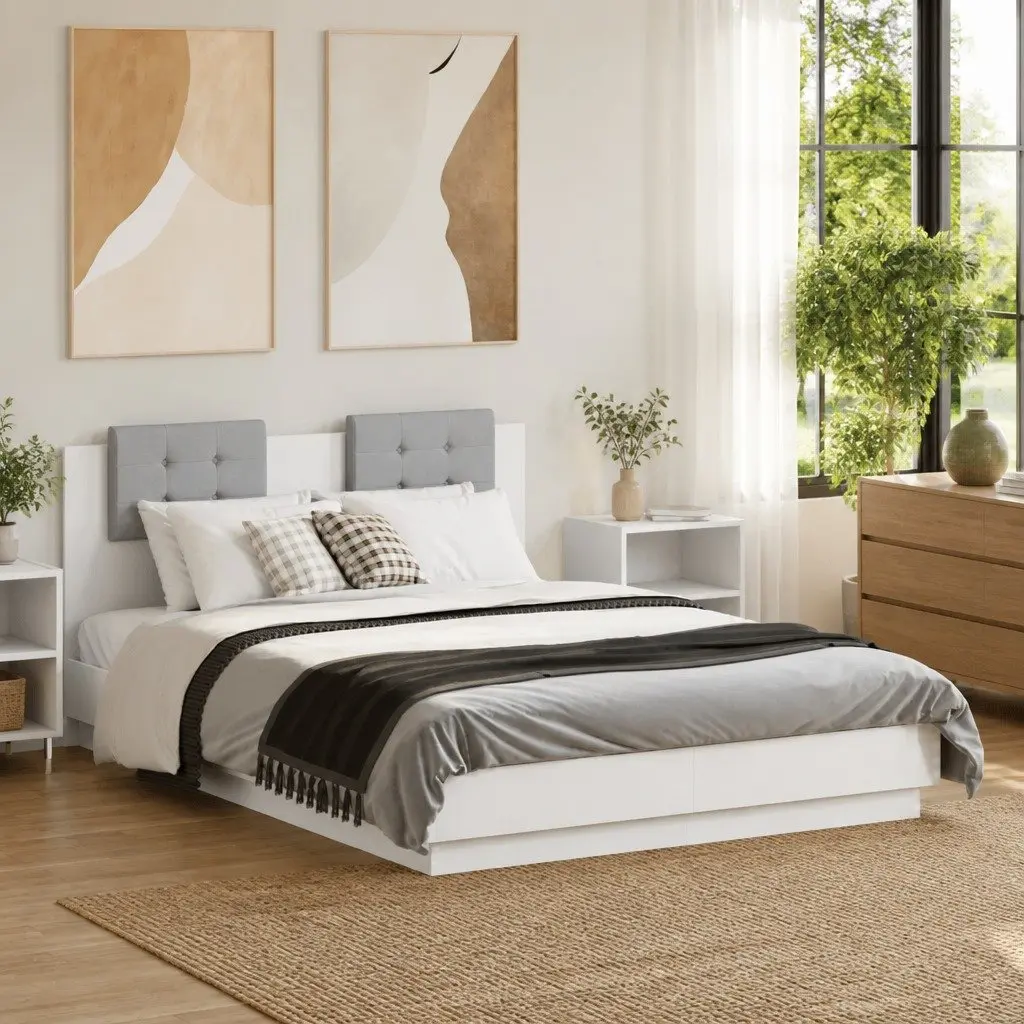 White Engineered Wood Bed Frame 135x190 cm with RGB LED Lights Headboard for Modern Bedroom