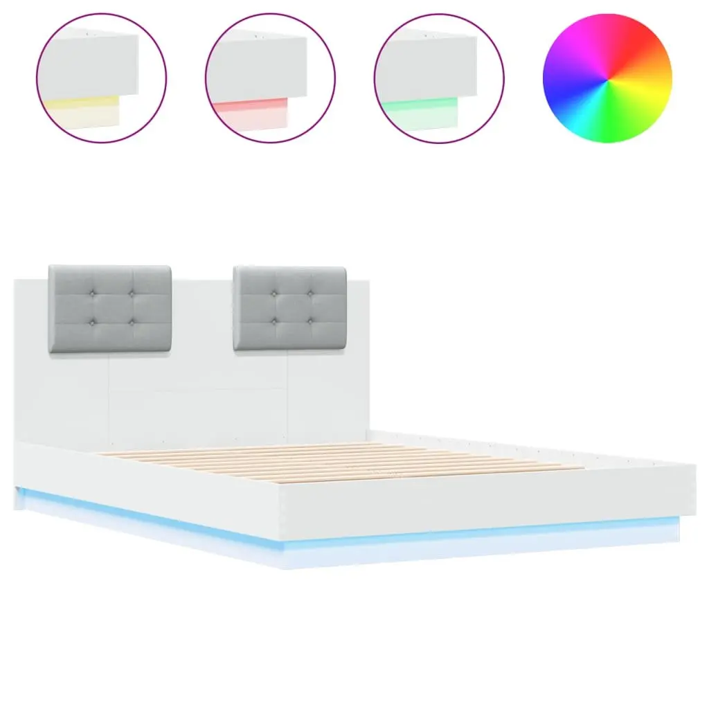 White Engineered Wood Bed Frame 135x190 cm with RGB LED Lights Headboard for Modern Bedroom