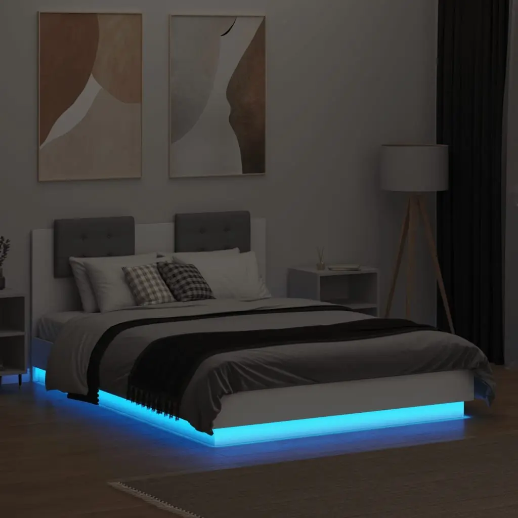 White Engineered Wood Bed Frame 135x190 cm with RGB LED Lights Headboard for Modern Bedroom