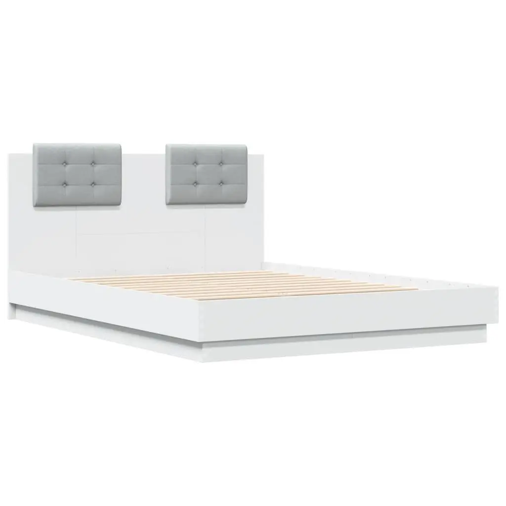 White Engineered Wood Bed Frame 135x190 cm with RGB LED Lights Headboard for Modern Bedroom