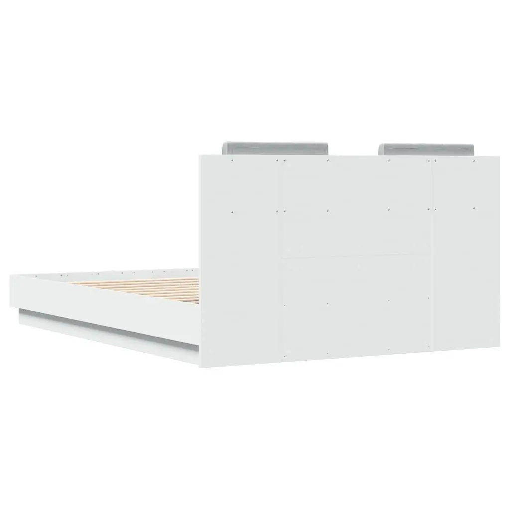 White Engineered Wood Bed Frame 135x190 cm with RGB LED Lights Headboard for Modern Bedroom