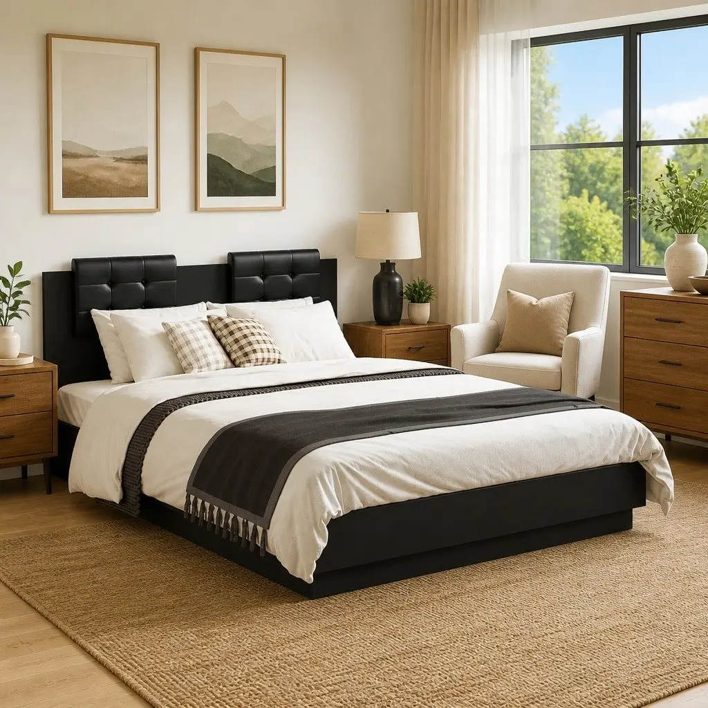 Bed Frame Engineered Wood 135x190cm Black with RGB LED Lights Headboard