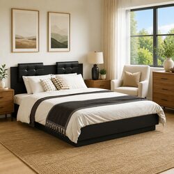 Black Bed Frame with RGB LED Lights Headboard 135x190cm Engineered Wood Slats