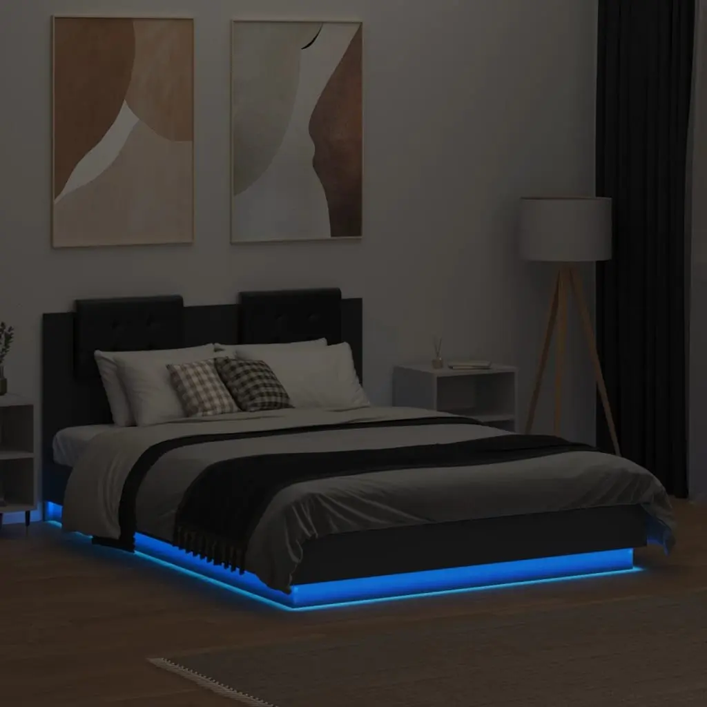 Bed Frame Engineered Wood 135x190cm Black with RGB LED Lights Headboard