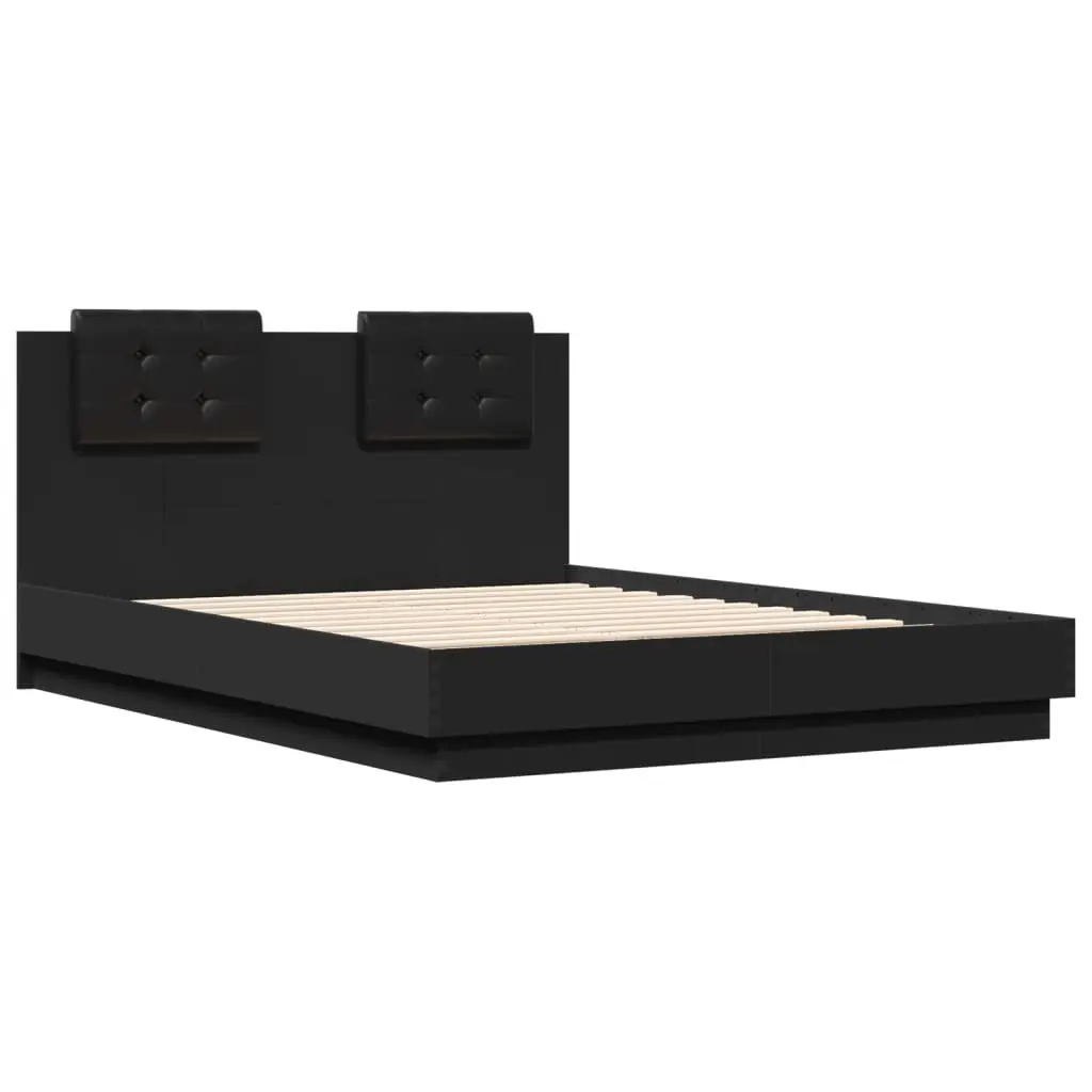 Bed Frame Engineered Wood 135x190cm Black with RGB LED Lights Headboard