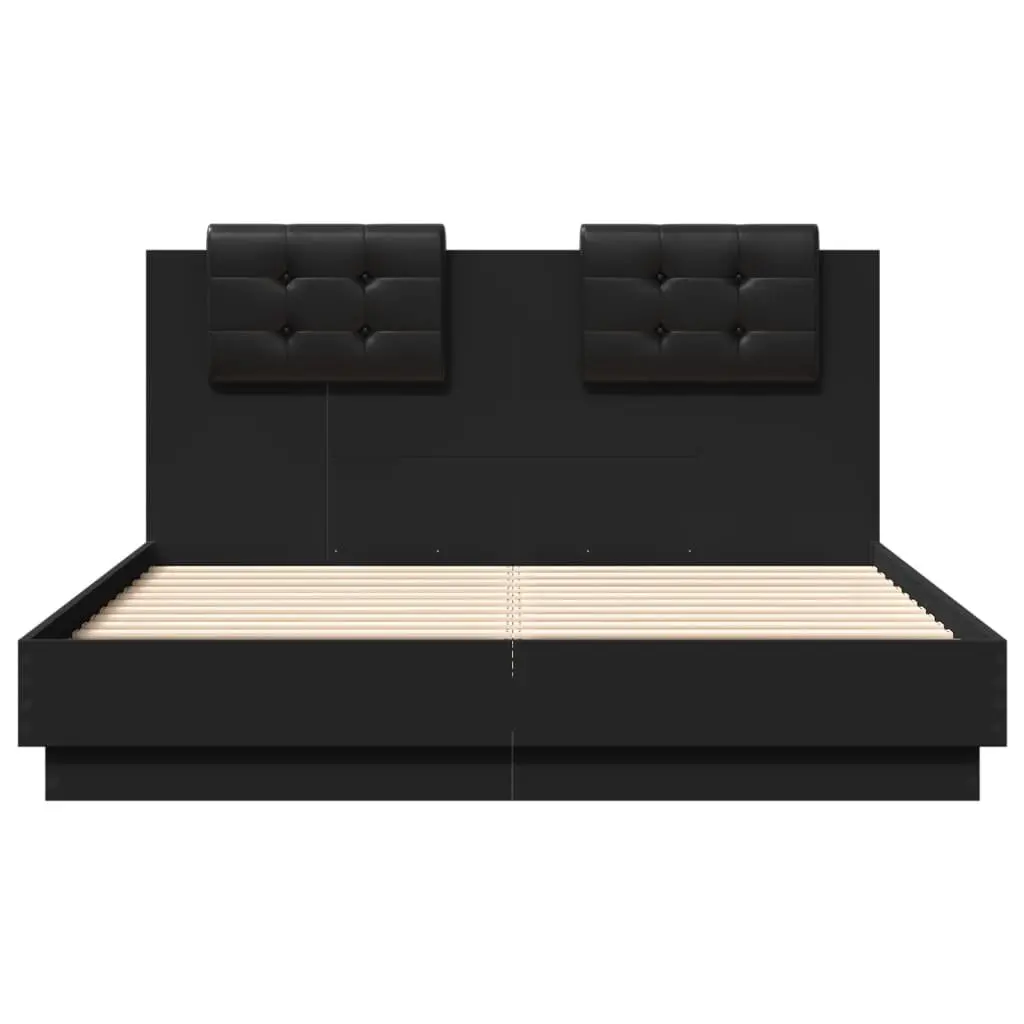 Bed Frame Engineered Wood 135x190cm Black with RGB LED Lights Headboard