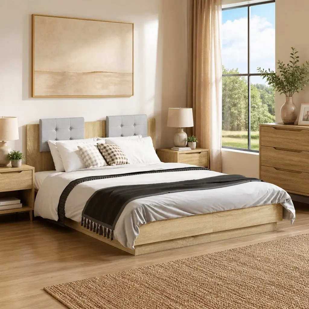 Bed Frame with LED Lights Headboard Brown Engineered Wood 135x190cm Slatted