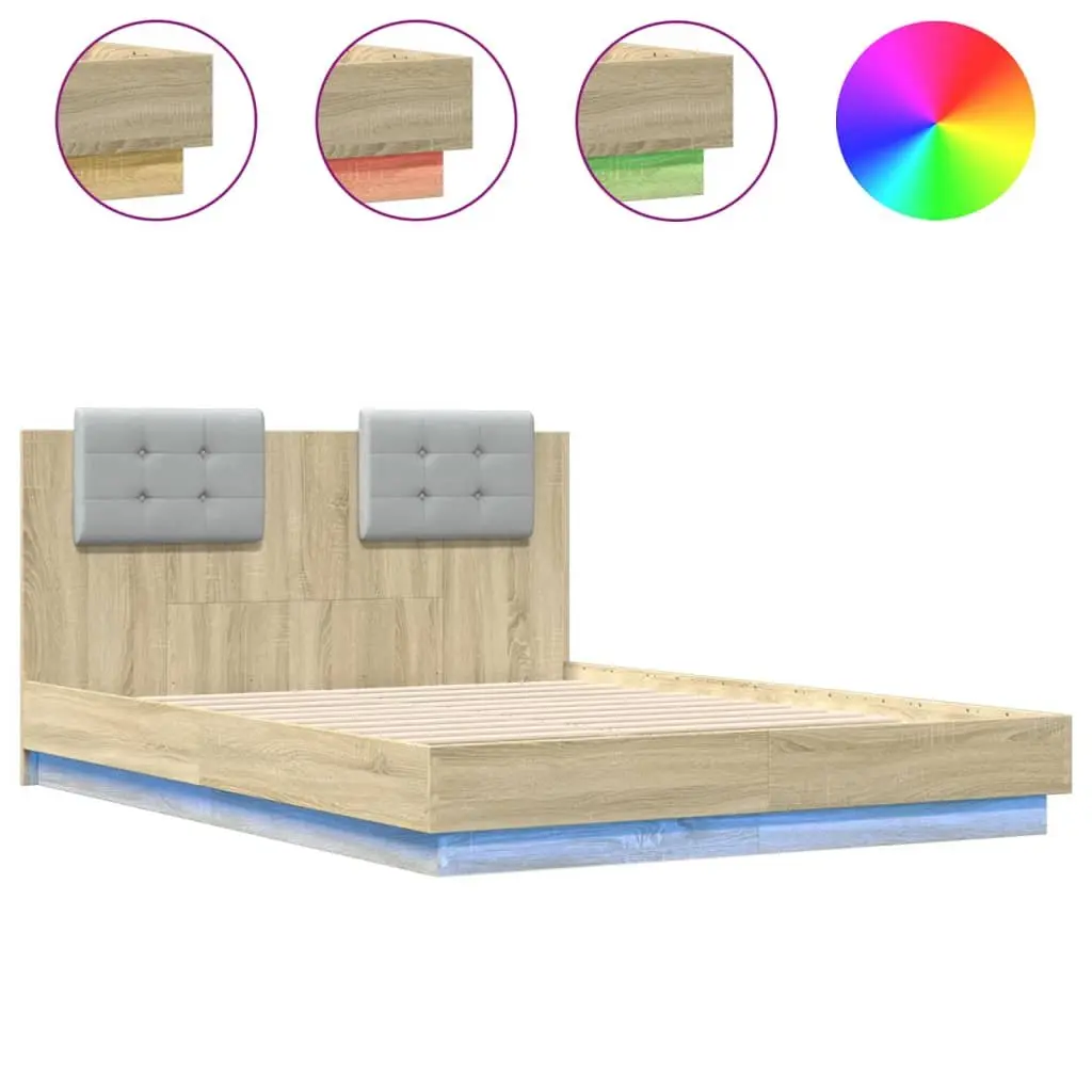 Bed Frame with LED Lights Headboard Brown Engineered Wood 135x190cm Slatted