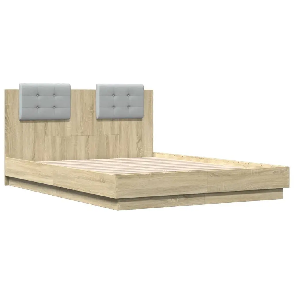 Bed Frame with LED Lights Headboard Brown Engineered Wood 135x190cm Slatted