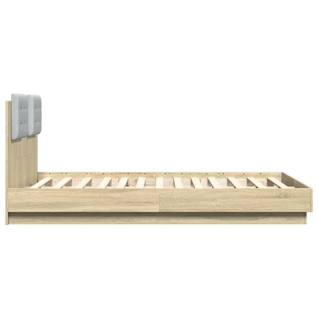 Bed Frame with LED Lights Headboard Brown Engineered Wood 135x190cm Slatted