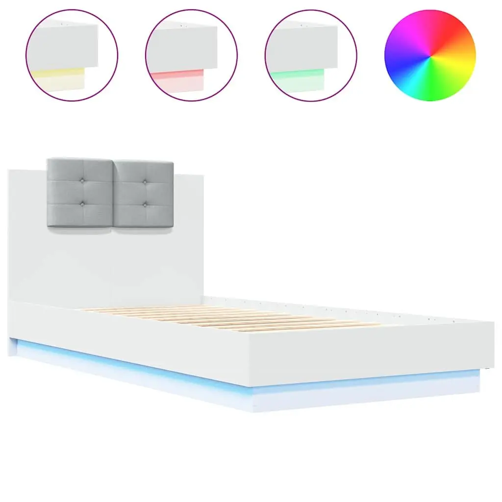White Bed Frame with RGB LED Lights Headboard 90x190 cm Slatted Base
