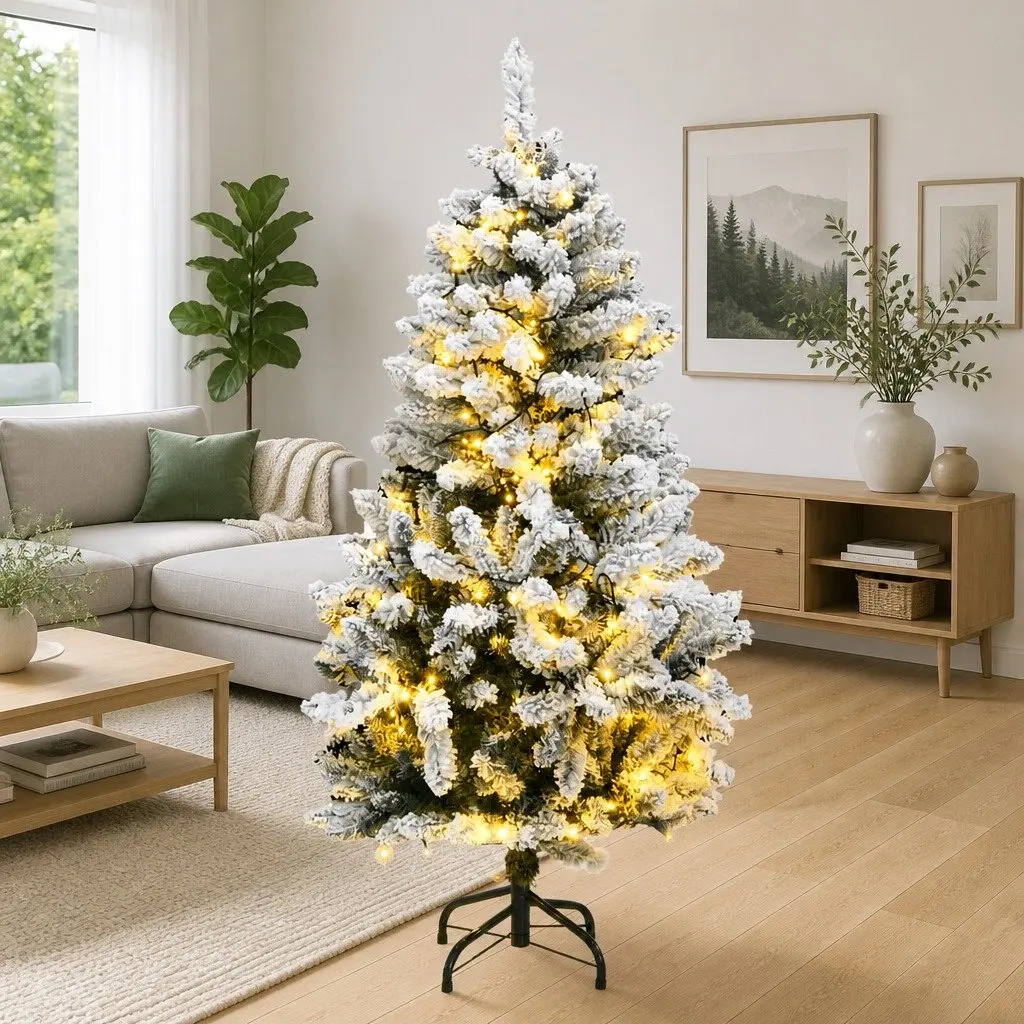 Artificial Christmas Tree Hinged 150cm Green with Flocked Snow 150 LEDs