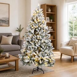 Artificial Hinged Christmas Tree 180cm Green White 300 LEDs Flocked Snow 8 Modes