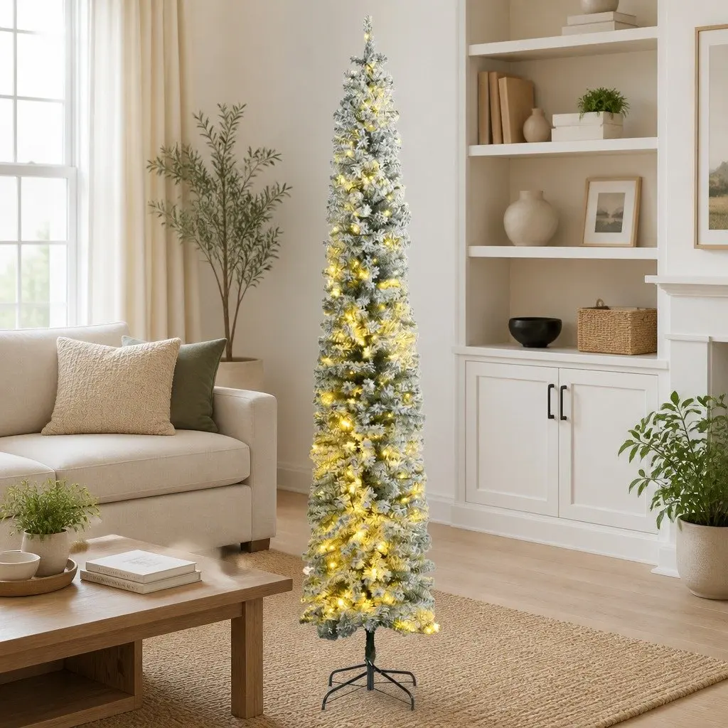 Slim Christmas Tree 270cm 300 LEDs 8 Lighting Modes Flocked Snow Green White