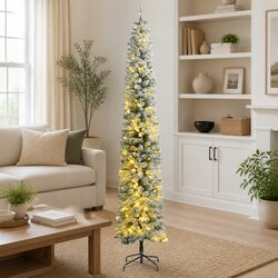 Slim Christmas Tree 270cm 300 LEDs 8 Lighting Modes Flocked Snow Green White