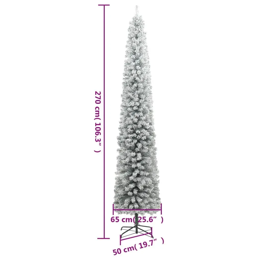 Slim Christmas Tree 270cm 300 LEDs 8 Lighting Modes Flocked Snow Green White