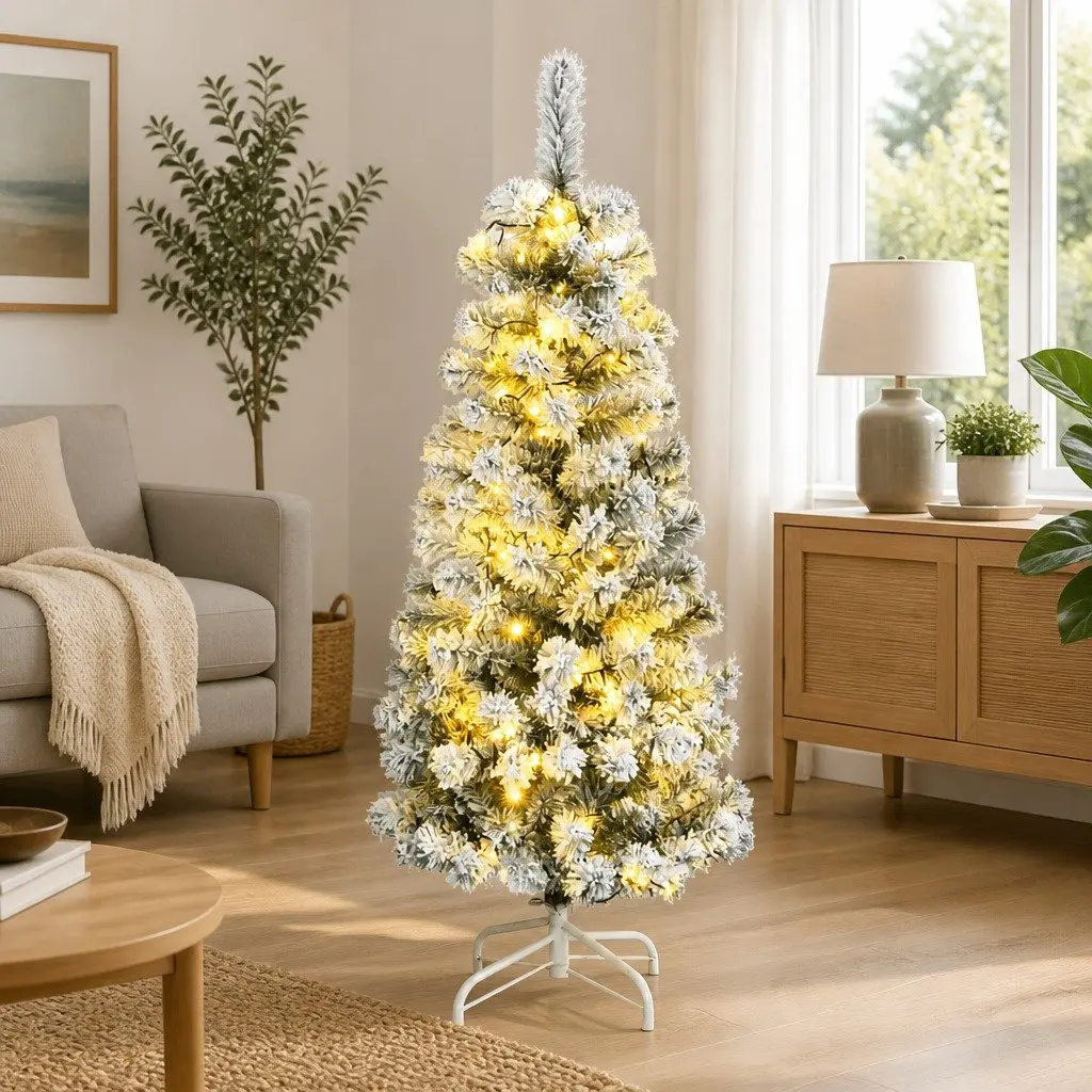 Artificial Christmas Tree Green 120cm Hinged with 150 LEDs Flocked Snow Holiday Decoration