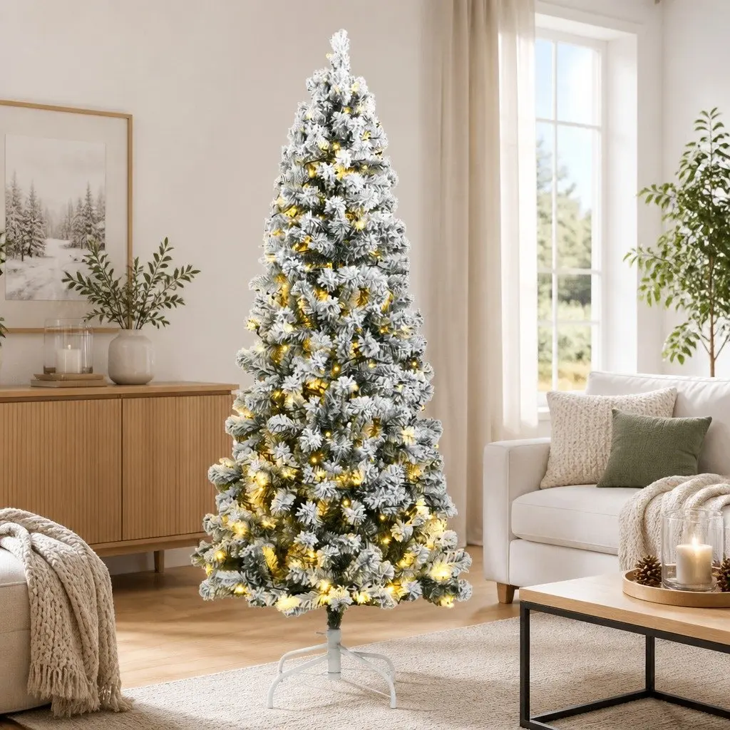 Artificial Hinged Christmas Tree Green 180cm Flocked Snow with 300 LEDs