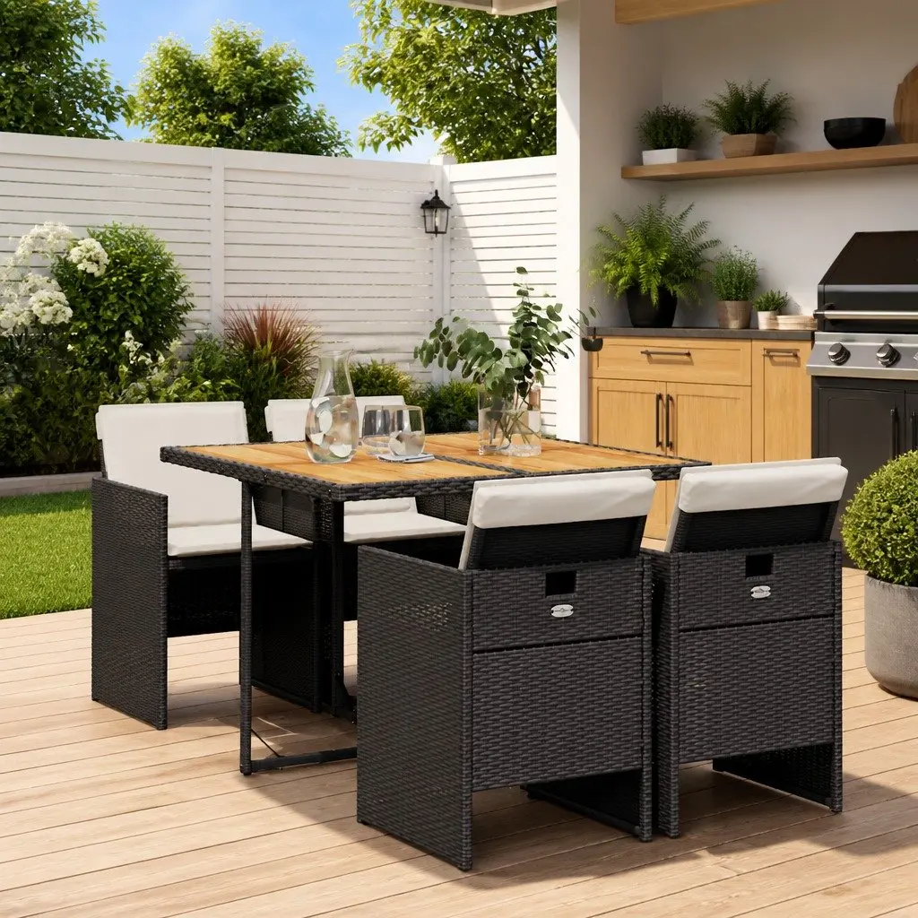5 Piece Outdoor Dining Set Poly Rattan Black Patio Furniture with Cushions Acacia Wood Table