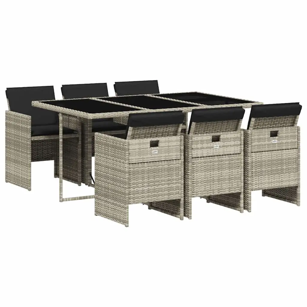 7 Piece Patio Dining Set Lightweight PE Rattan Light Grey Garden Furniture with Cushions and Tempered Glass Tabletop for Outdoor Use