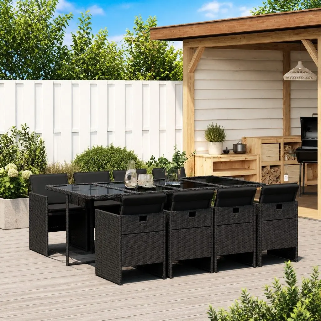 9 Piece Outdoor Garden Dining Set PE Rattan Black Table with Tempered Glass Top and Foldable Chairs
