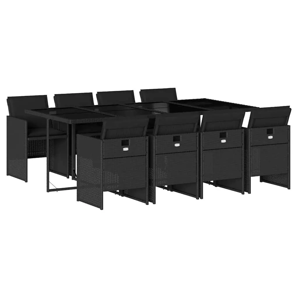 9 Piece Outdoor Garden Dining Set PE Rattan Black Table with Tempered Glass Top and Foldable Chairs