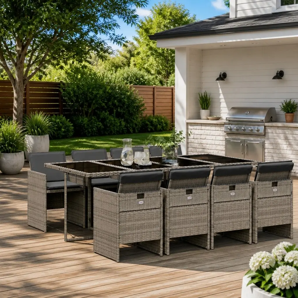 9 Piece Outdoor Furniture Set Grey PE Rattan Dining Table with Tempered Glass Top and Folding Chairs with Cushions