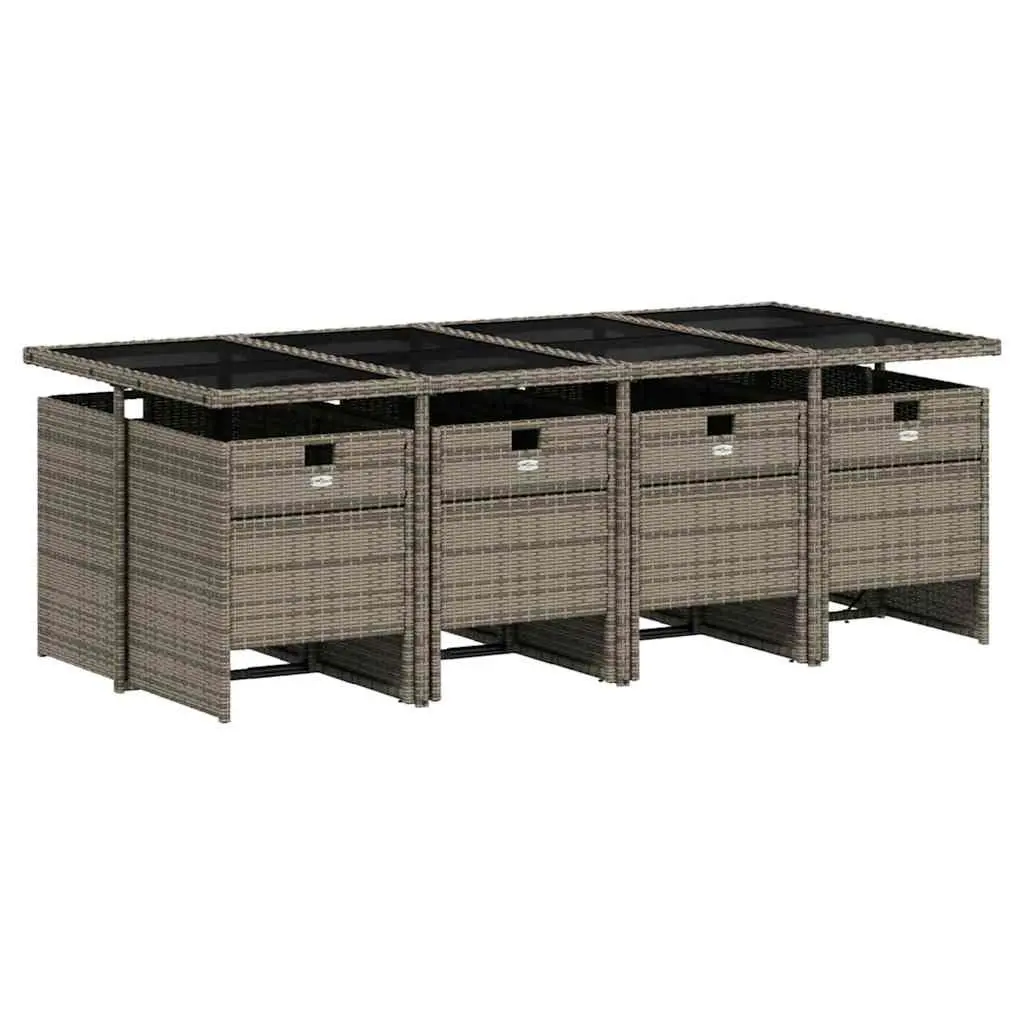9 Piece Outdoor Furniture Set Grey PE Rattan Dining Table with Tempered Glass Top and Folding Chairs with Cushions