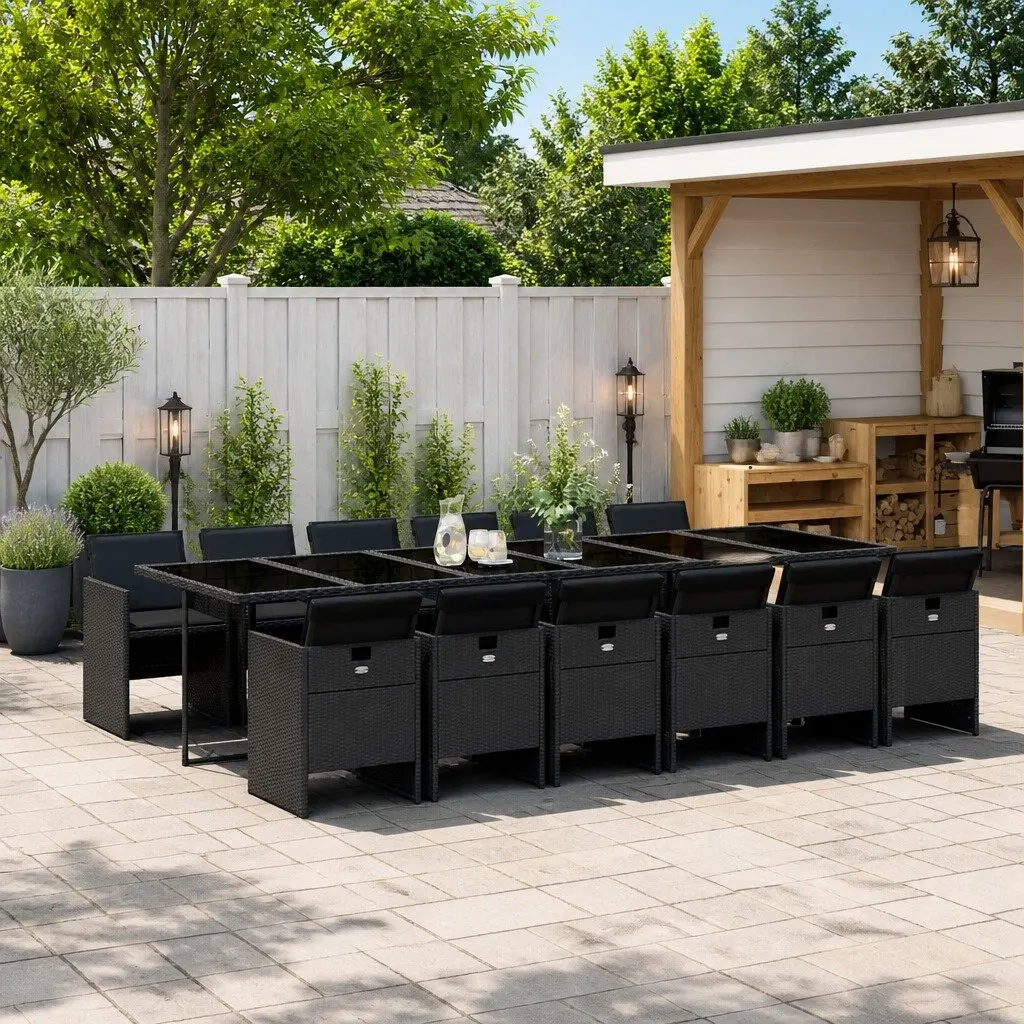 Outdoor Dining Set 13 Piece PE Rattan Black Patio Furniture with Tempered Glass Table and Foldable Chairs