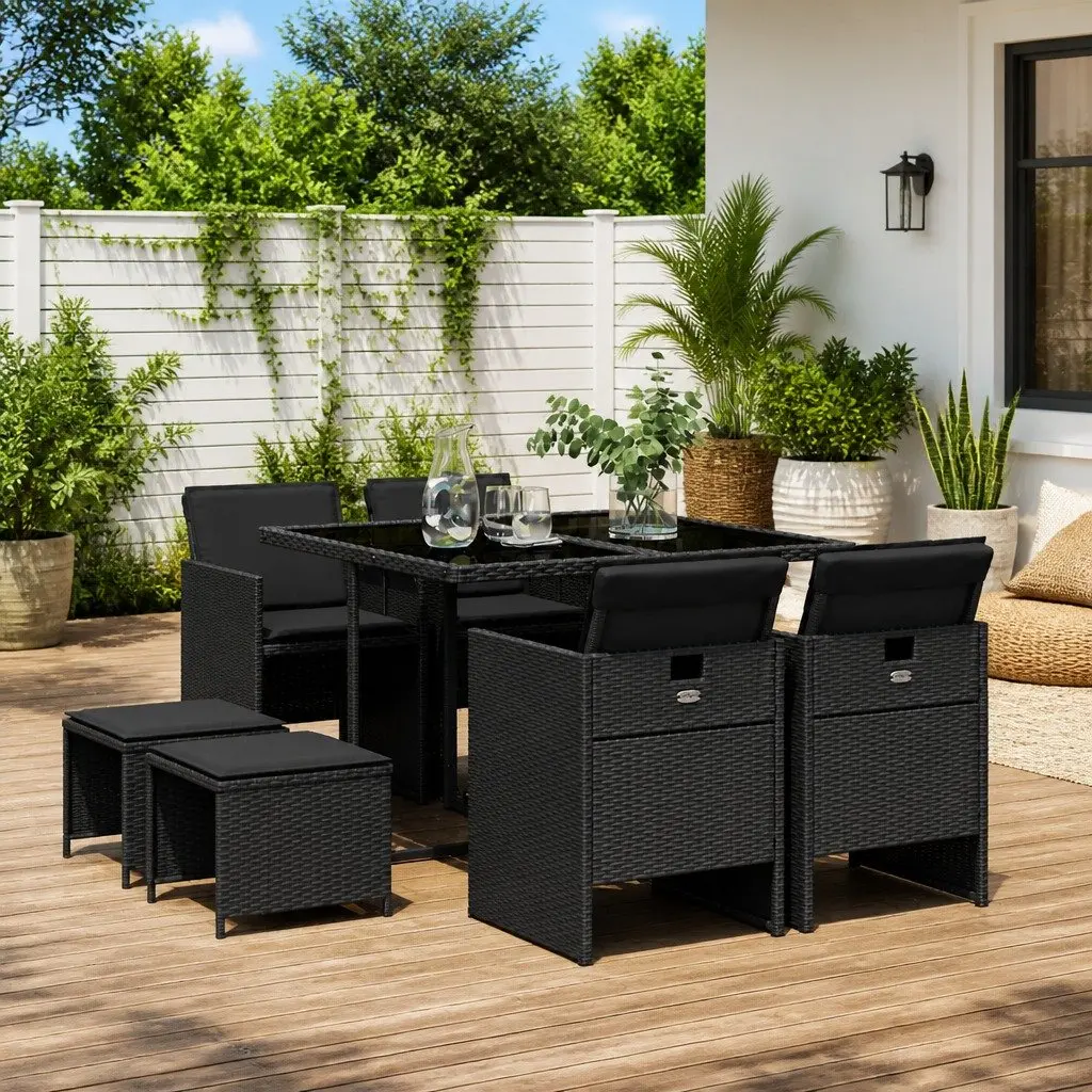 9 Piece Patio Furniture Set Black Poly Rattan Outdoor Dining Set with Foldable Chairs and Tempered Glass Table for Garden and Backyard