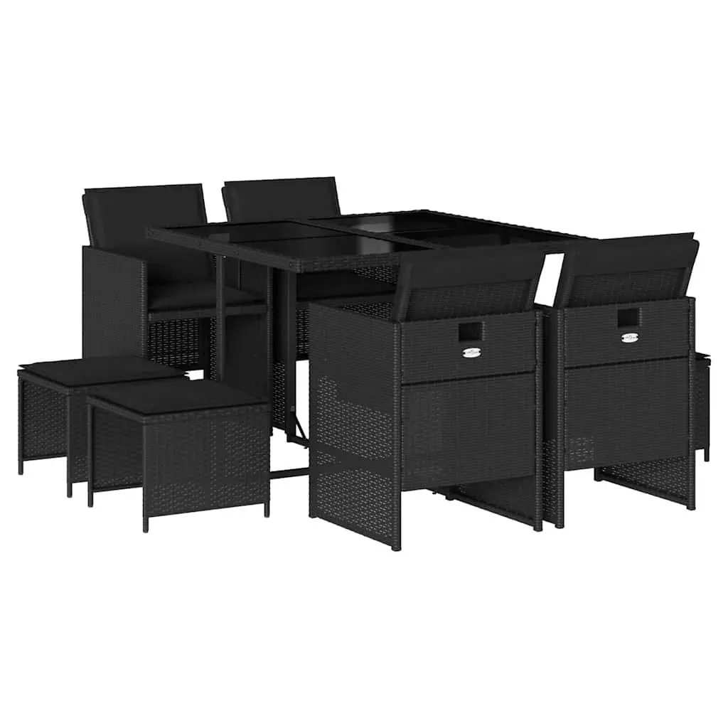 9 Piece Patio Furniture Set Black Poly Rattan Outdoor Dining Set with Foldable Chairs and Tempered Glass Table for Garden and Backyard