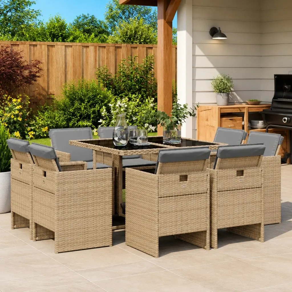 9 Piece Outdoor Garden Dining Set PE Poly Rattan Beige Patio Furniture with Tempered Glass Table and Padded Cushions