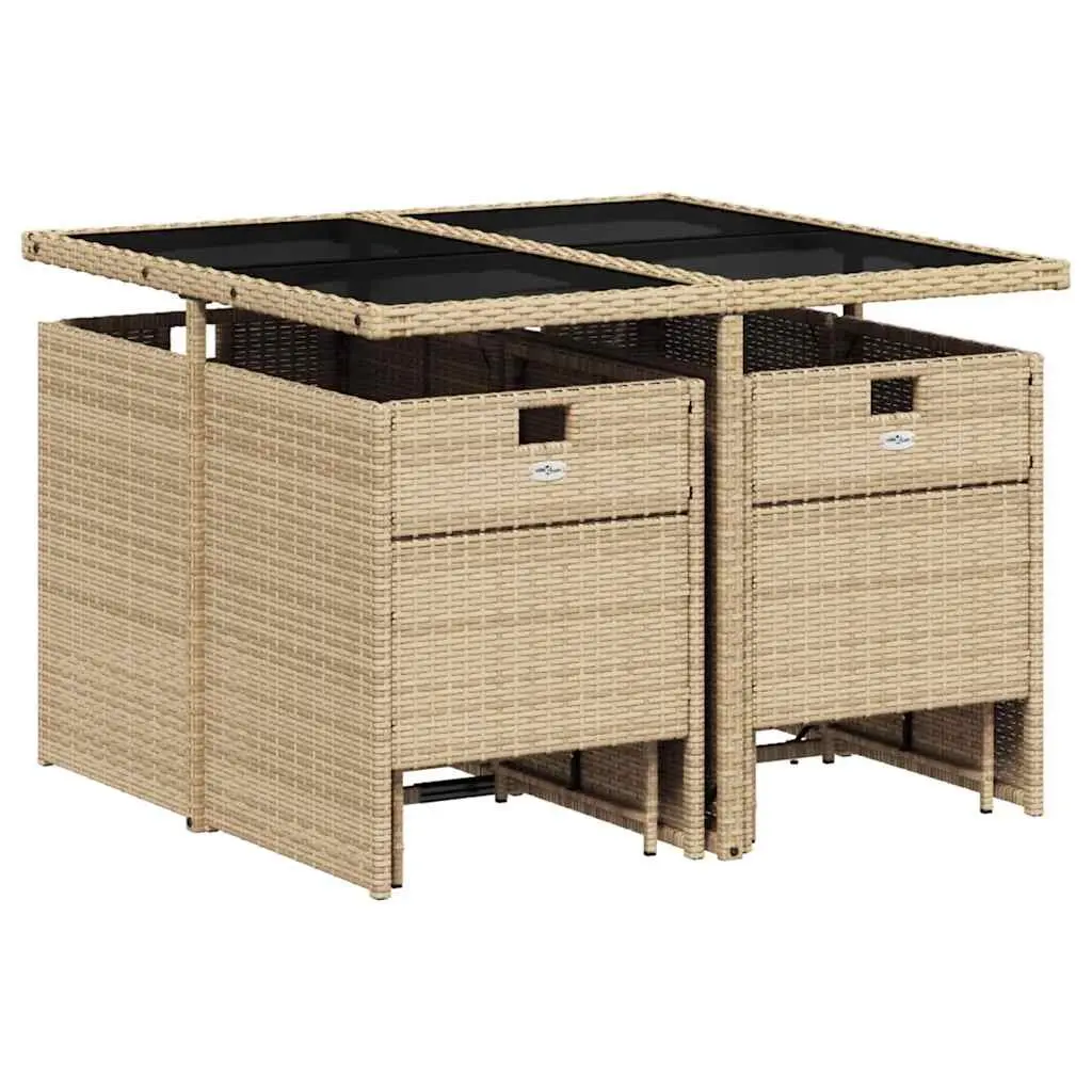 9 Piece Outdoor Garden Dining Set PE Poly Rattan Beige Patio Furniture with Tempered Glass Table and Padded Cushions