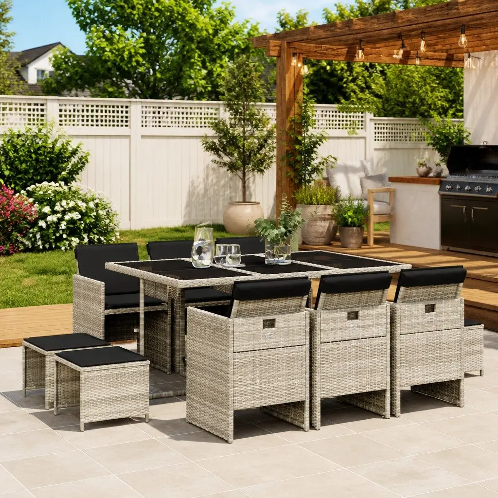 Garden Dining Set PE Rattan 11 Piece Light Grey with Cushions