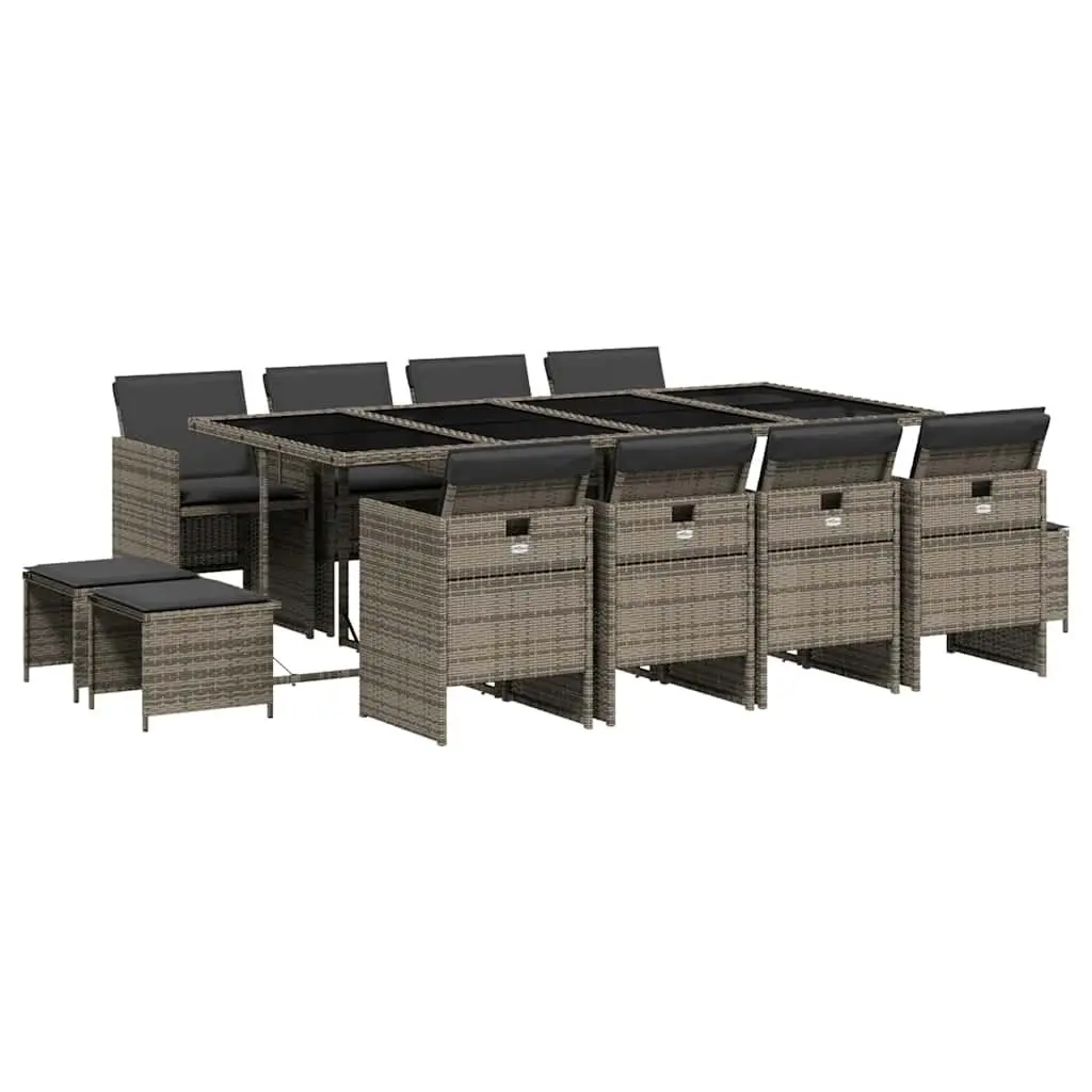 Garden Dining Set 13 Piece PE Rattan Outdoor Furniture Grey Table Chairs Stools