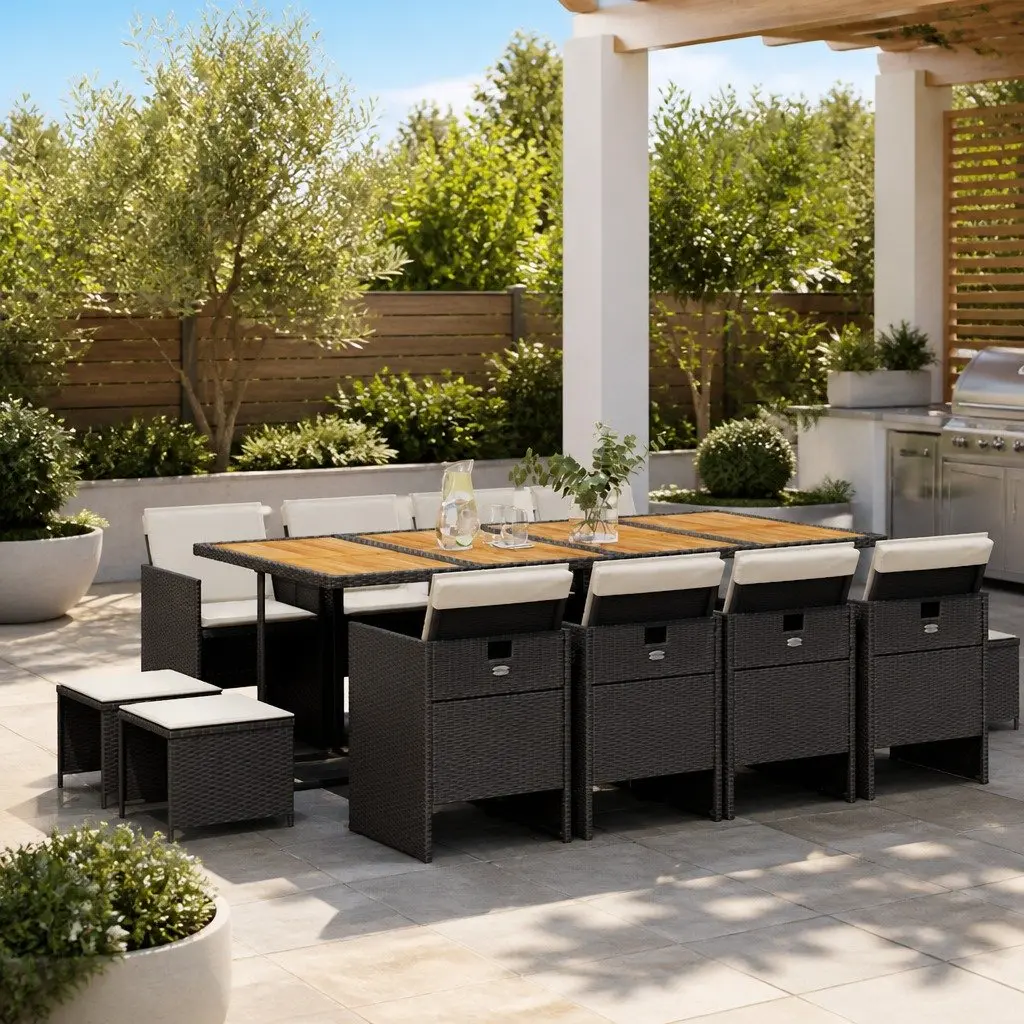 Outdoor Garden Dining Set 13 Piece Black PE Rattan Chairs Table Cushions Patio