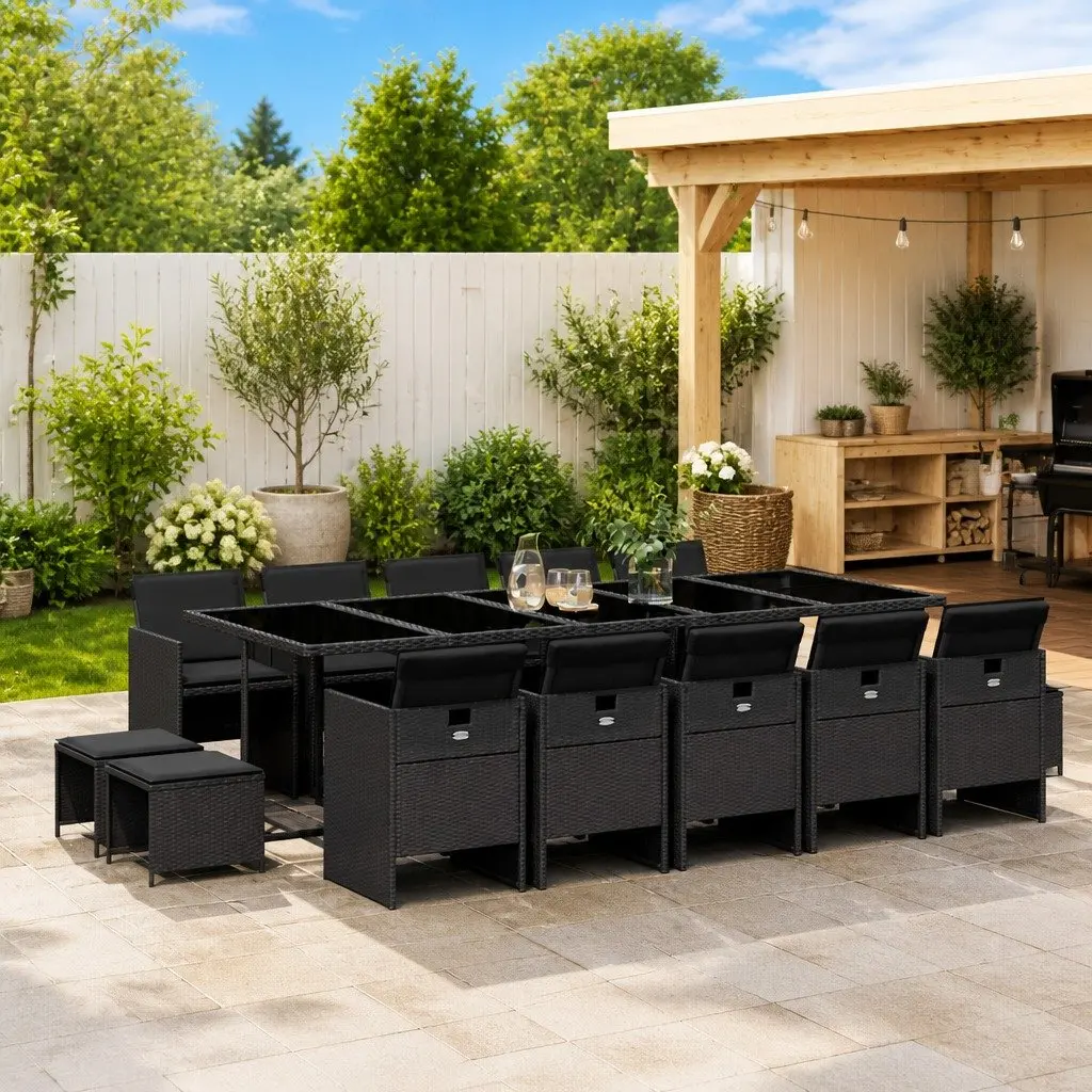 15 Piece Garden Dining Set PE Rattan Outdoor Furniture Black with Tempered Glass Tabletop and Cushions